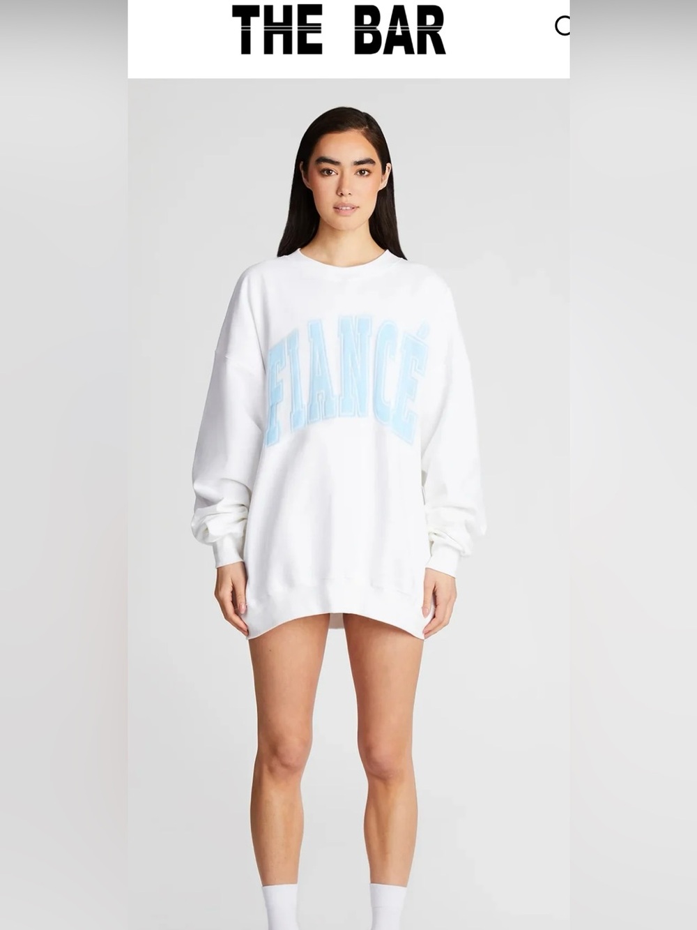 The Bar Limited Edition Fiance Varsity Sweatshirt in White/ Baby Blue.